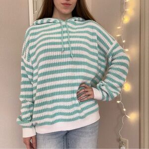Blue and White Striped Hooded Sweater